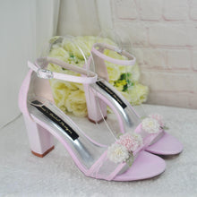 Load image into Gallery viewer, Blush Pink Bridal Sandals – Handmade Satin Shoes with 3D Floral Block Heels Size UK5/IS7.5
