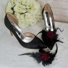 Load image into Gallery viewer, Black Gothic Bridal Set: Handmade Clutch, Sinamay Fascinator, Satin Stiletto Heel Shoes, Floral Rose
