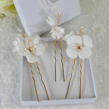 Load image into Gallery viewer, Handmade Gold or Silver Ceramic Flower Hair Pins with Pearls (Set of 3)
