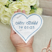 Load image into Gallery viewer, Sew On Wedding Dress Patch Something blue Custom Patch Personalised Wedding Label Bride Something Blue Wedding Heart
