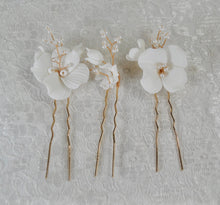 Load image into Gallery viewer, Handmade Gold or Silver Ceramic Flower Hair Pins with Pearls (Set of 3)
