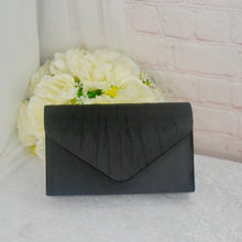 Load image into Gallery viewer, Black Fascinator and Clutch Bag Set: Handmade Bridal Satin Purse &amp; Sinamay Hatinator Set
