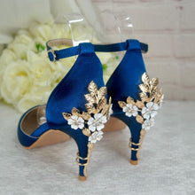 Load image into Gallery viewer, Handmade Navy Satin Bridal Shoes: Cherry Blossom Heel (UK6/US8.5)
