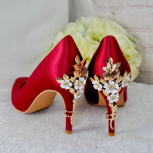 Load image into Gallery viewer, Burgundy Red Satin Bridal Set: Heels, Clutch Bag &amp; Fascinator Hat

