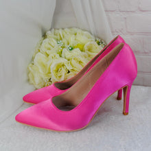 Load image into Gallery viewer, Hot Pink Satin Heel, Clutch &amp; Fascinator Set: Handmade Wedding Guest Outfit

