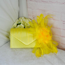 Load image into Gallery viewer, Yellow Fascinator and Clutch Bag Set: Handmade Satin Wedding Outfit
