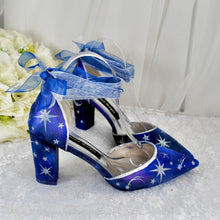 Load image into Gallery viewer, Blue Celestial Wedding Shoes – Galaxy Block Heels with Ankle Ribbons
