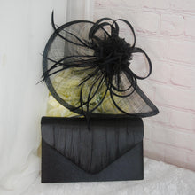 Load image into Gallery viewer, Black Fascinator and Clutch Bag Set: Handmade Bridal Satin Purse &amp; Sinamay Hatinator Set
