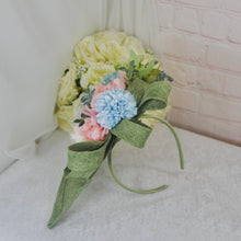 Load image into Gallery viewer, Sage Green Satin Bridal Set: Handmade Clutch, Sandals &amp; Fascinator
