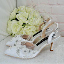 Load image into Gallery viewer, Bridal White Sling Back Heels: Handmade Satin Shoes with 3D Floral
