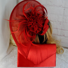 Load image into Gallery viewer, Red Fascinator Hat and Clutch Bag Set, Wedding Guest Outfit
