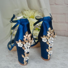 Load image into Gallery viewer, Navy Satin Bridal Sandals: Cherry Blossom Block Heel Wedding Shoes
