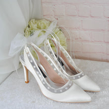 Load image into Gallery viewer, Ivory Slingback Shoes, Satin Bridal Heels with Heart Pearls &amp; Bow Detail

