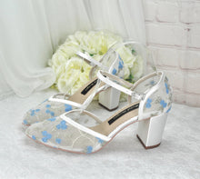 Load image into Gallery viewer, Something Blue Block Heel Embroidered Sandals, Floral Wedding Shoes
