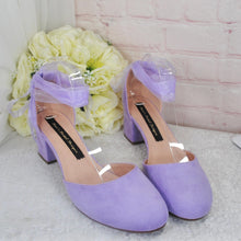 Load image into Gallery viewer, Lilac Purple Suede Bridal Sandals: Vegan Block Heel Wedding Shoes
