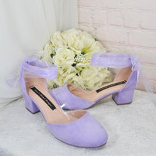 Load image into Gallery viewer, Lilac Purple Suede Bridal Sandals: Vegan Block Heel Wedding Shoes
