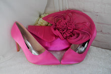 Load image into Gallery viewer, Hot Pink Satin Heel, Clutch &amp; Fascinator Set: Handmade Wedding Guest Outfit
