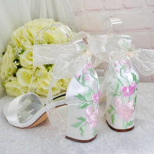 Load image into Gallery viewer, Bridal Block Heel Sandals – Handmade Satin Wedding Shoes With Pastel Floral Embroidery • UK5/US7.5
