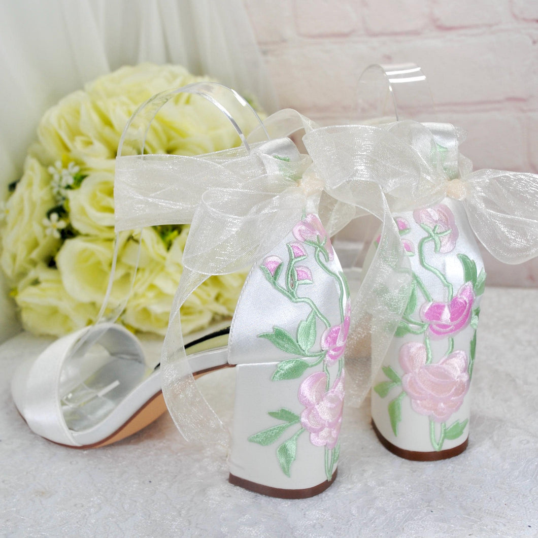 Bridal Block Heel Sandals – Handmade Satin Wedding Shoes With Pastel Floral Embroidery • UK5/US7.5