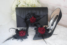 Load image into Gallery viewer, Black Gothic Bridal Set: Handmade Clutch, Sinamay Fascinator, Satin Stiletto Heel Shoes, Floral Rose
