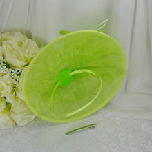 Load image into Gallery viewer, Bright Lime Green Satin Clutch Bag and Fascinator Set, Handmade Bridal Hatinator
