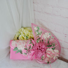 Load image into Gallery viewer, Ivory &amp; Pink Fascinator Hat and Clutch Bag Set: Floral Embroidered Bridal Hatinator
