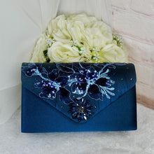 Load image into Gallery viewer, Navy Blue Satin Bridal Set: Floral Heels, Clutch Bag &amp; Fascinator
