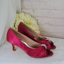 Load image into Gallery viewer, Burgendy Satin Peep Toe Kitten Heel Pumps: Bridal Shoes UK7
