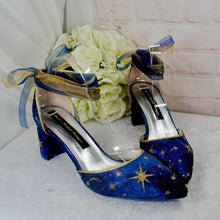 Load image into Gallery viewer, Blue Satin Celestial Wedding Shoes: Hand-Painted Galaxy Bridal Block Heels
