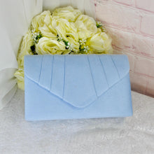 Load image into Gallery viewer, Light Blue Fascinator and Vegan Suede Clutch, Bridal Hatinator Set
