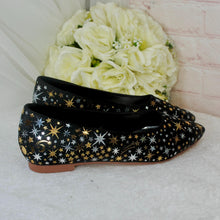 Load image into Gallery viewer, Black Celestial Bridal Flats – Hand-Painted Pointed Wedding Shoes
