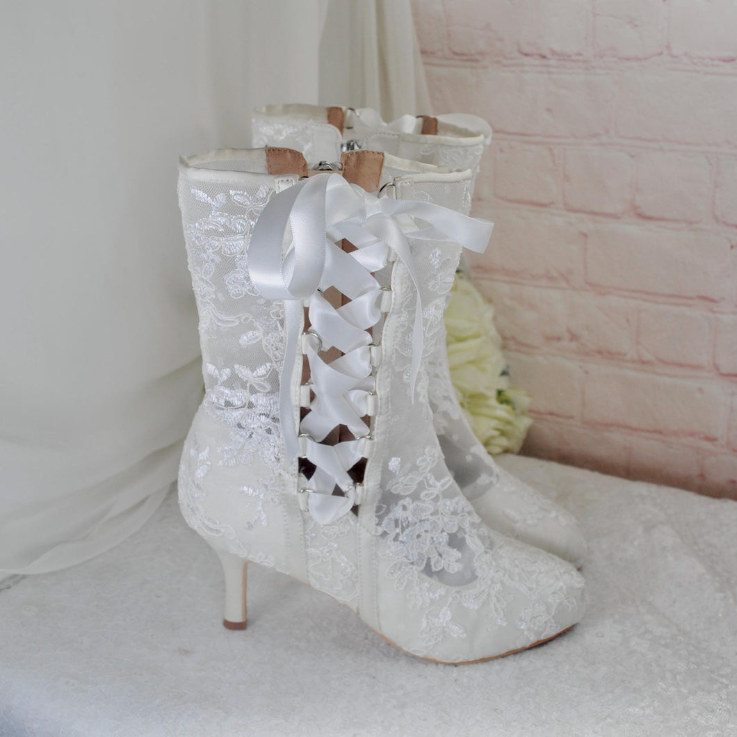 Ivory Lace Bridal Boots – Wedding Boots With Satin Ribbon Tie UK4 / US7.5