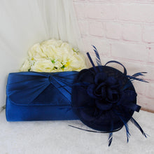 Load image into Gallery viewer, Navy Blue Wedding Fascinator Hat &amp; Clutch Bag Set: Handmade Bridal Accessories
