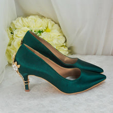 Load image into Gallery viewer, Emerald Green Satin Bridal Shoes: Gold Floral Blossom Heel
