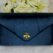Load image into Gallery viewer, Elegant Navy Satin Clutch: Gold Bee Embellished Wedding Purse
