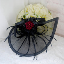 Load image into Gallery viewer, Black Gothic Bridal Set: Handmade Clutch, Sinamay Fascinator, Satin Stiletto Heel Shoes, Floral Rose

