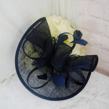 Load image into Gallery viewer, Navy Blue Satin Bridal Set: Heels, Clutch Bag &amp; Fascinator
