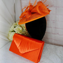 Load image into Gallery viewer, Stunning Orange Bag and Fascinator Hat Bright Orange Matching Bridal Set Hatinator Purse for Wedding Guest Mother of the Bride Groom
