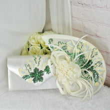 Load image into Gallery viewer, Ivory Satin Bridal Set: Floral Embroidered Heels, Clutch &amp; Fascinator
