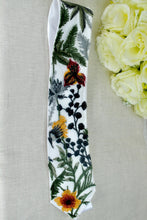 Load image into Gallery viewer, Wildflower Flower Mens Tie, Embroidered Wildflower Necktie, Floral Tie for Groom, Groomsmen, Flower Ties, White Bridal Tie
