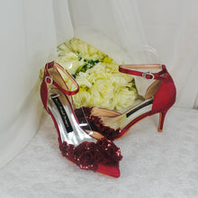 Load image into Gallery viewer, Burgundy Fascinator Hat, Clutch &amp; Heels Set: Handmade Satin Bridal Wedding
