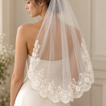 Load image into Gallery viewer, Ivory Lace Edge Wedding Veil with 3D Flowers &amp; Pearls – 80 cm – Sale
