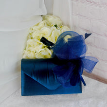 Load image into Gallery viewer, Navy Blue Fascinator and Clutch Bag Set: Handmade Satin Wedding Outfit
