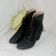 Load image into Gallery viewer, Black Satin Ankle Boots – Handmade Lace Block Heel Vintage Wedding Shoes UK4/US6.5
