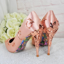Load image into Gallery viewer, Blush Pink Satin Bridal Shoes with Rose Gold Filigree Vines
