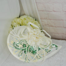 Load image into Gallery viewer, Ivory Satin Bridal Set: Floral Embroidered Heels, Clutch &amp; Fascinator
