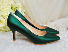 Load image into Gallery viewer, Emerald Green Satin Bridal Shoes: Mid Heel Custom Colour Bridesmaid Heels
