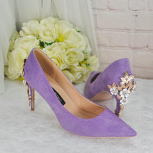 Load image into Gallery viewer, Lilac Suede Bridal Heels - Cherry Blossom Embellished Pumps UK6/US8.5
