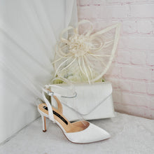 Load image into Gallery viewer, Ivory Satin Bridal Set: Slingback Heels, Clutch Bag, Sinamay Fascinator
