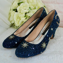 Load image into Gallery viewer, Navy Celestial Wedding Shoes – Glitter Moon &amp; Star Block Heels
